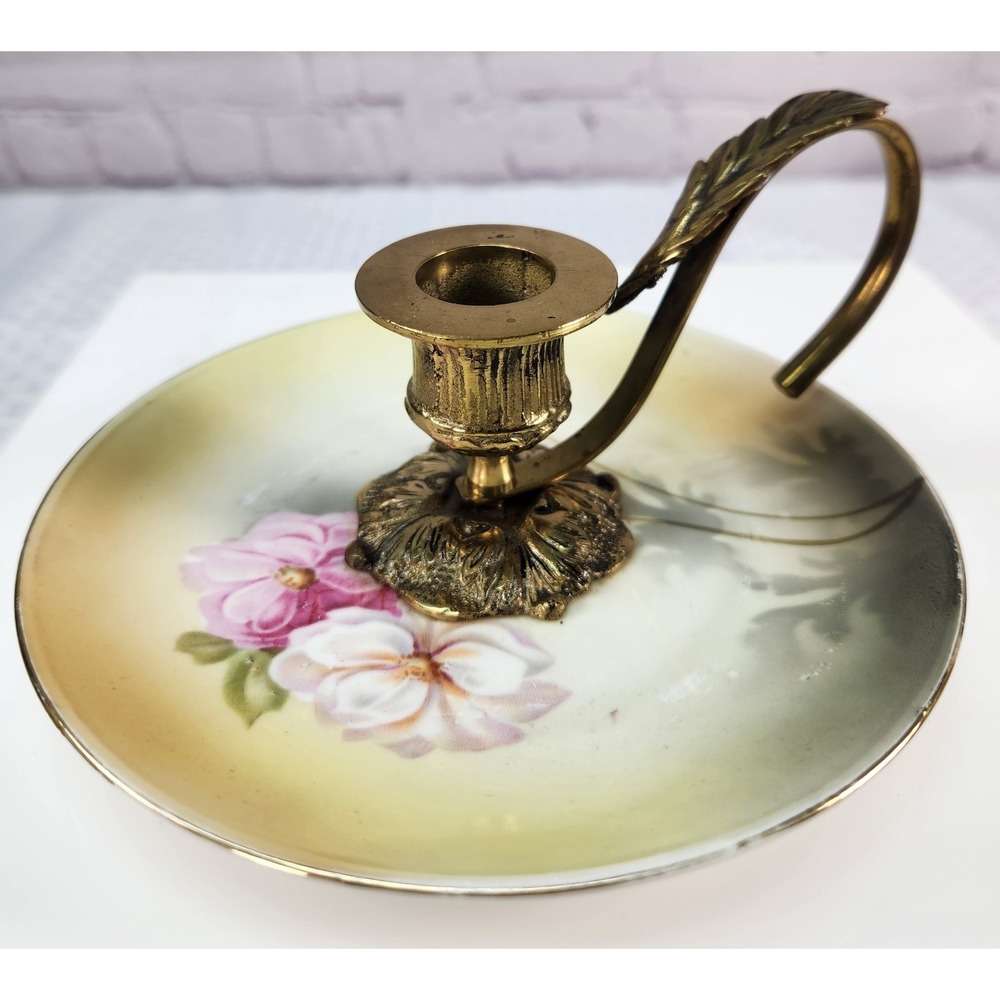 Vintage Brass & Bone China Chamberstick w/Finger Loop & Drip Tray
